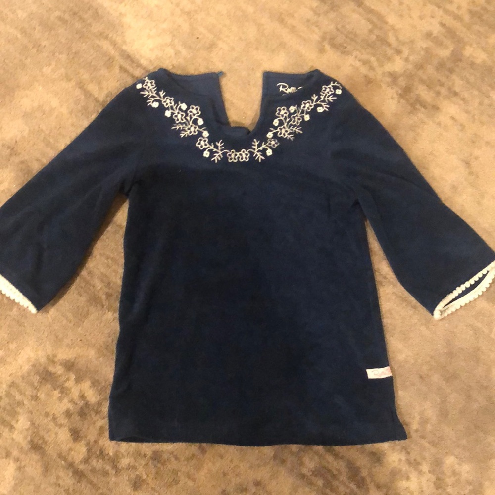 Ruffle butts blue terry beach cover up with white embroidery (sz 18-24m)